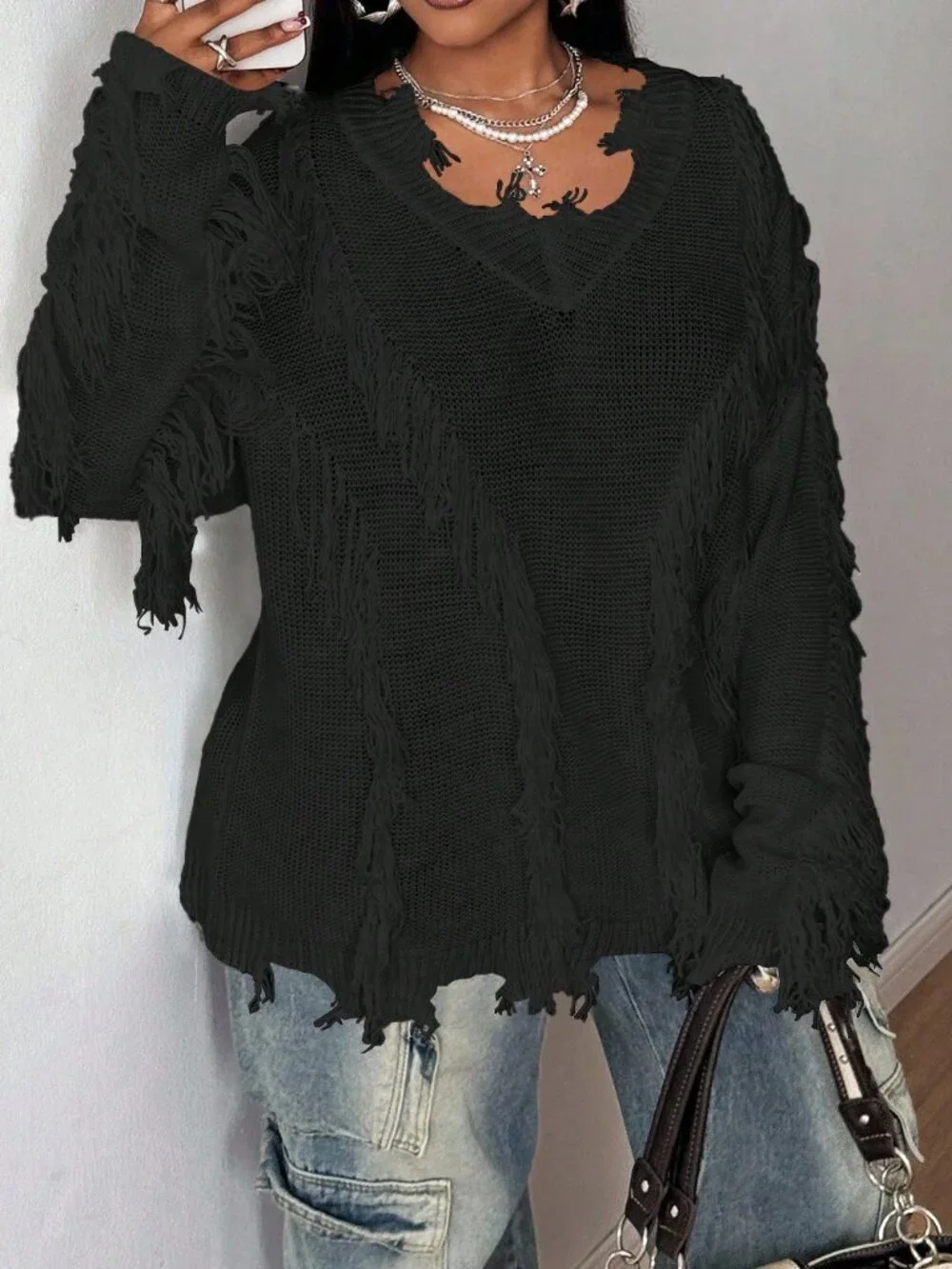 Black Casual Women's Loose V-Neck Tattered Drop Sleeve Pullover